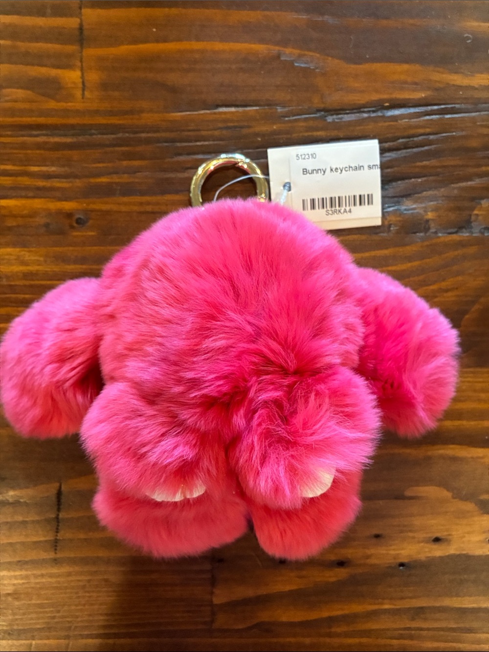Plush Bunny Pom Keychain in Bright Pink with Gold Ring